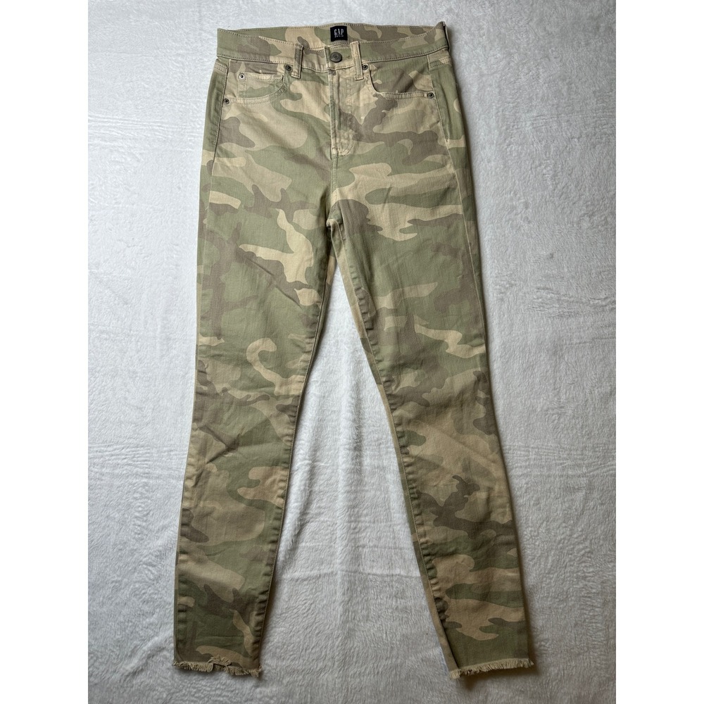 Gap True Skinny Jeans Womens 4/27 Green Camo Raw Hem High Rise Stretch